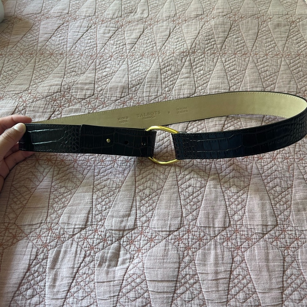 Talbots Black Croc-Patterned Belt with Gold Accent